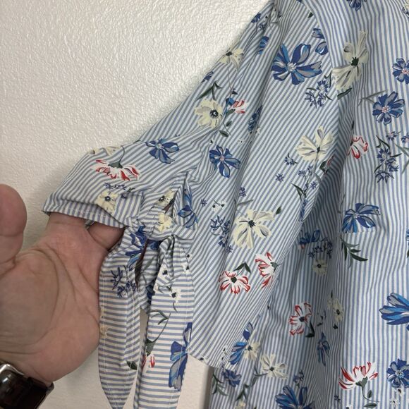 H&M Pinstripe Floral Tie Sleeve Blouse Womens Size 14 100% Cotton Short Sleeve - Picture 2 of 7